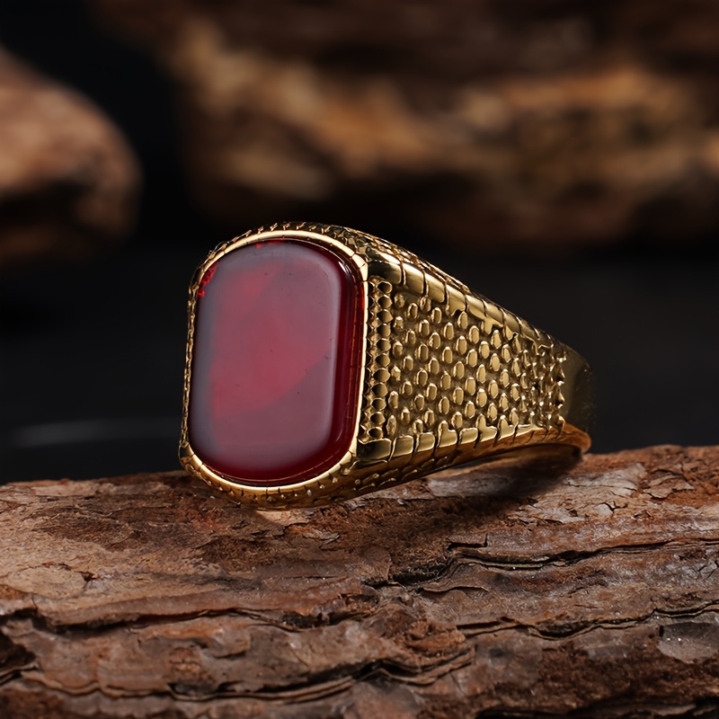 Vintage Stainless Steel Ring with Tiger'S Eye Stone Red Onyx Golden Plating